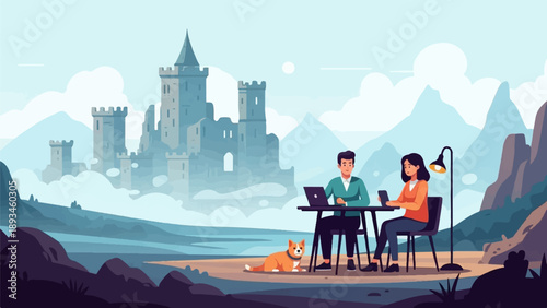 Couple with dog work remotely near a misty castle and mountains