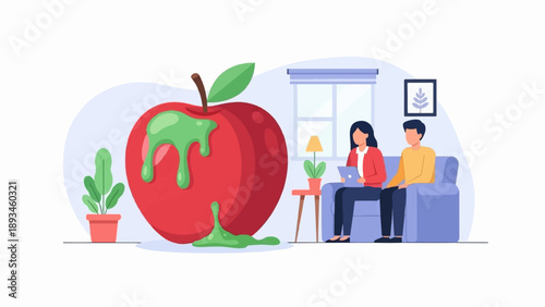 Couple sitting on couch with large apple dripping green slime, indoors