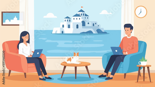 Couple working on laptops with pet cat and scenic coastal view