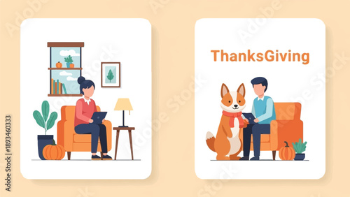 Cozy indoor scenes with people, pets, and seasonal decor