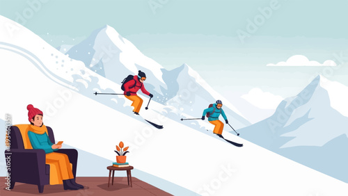 Cozy indoors person watches skiers on snowy mountainside
