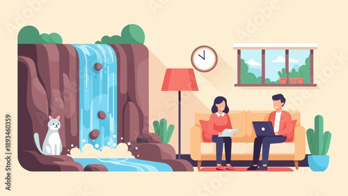 Couple working remotely by a waterfall, with a cat nearby indoors