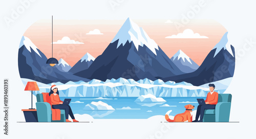 Cozy indoors with snowy mountain backdrop, people work remotely