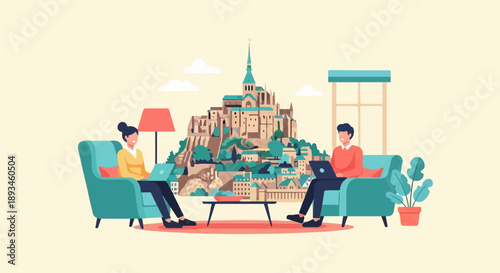 Couple working remotely from home with a scenic castle in the background