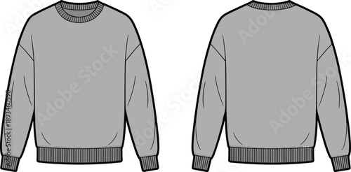 Women crew neck sweatshirt, cad drawing, flat vector illustration, technical fashion sweater front back view outline garment template