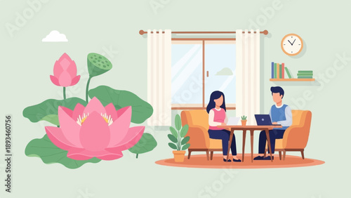 Couple working at table with lotus flowers and plants nearby