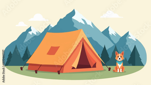 Cozy orange tent and cute dog in front of snowy mountains