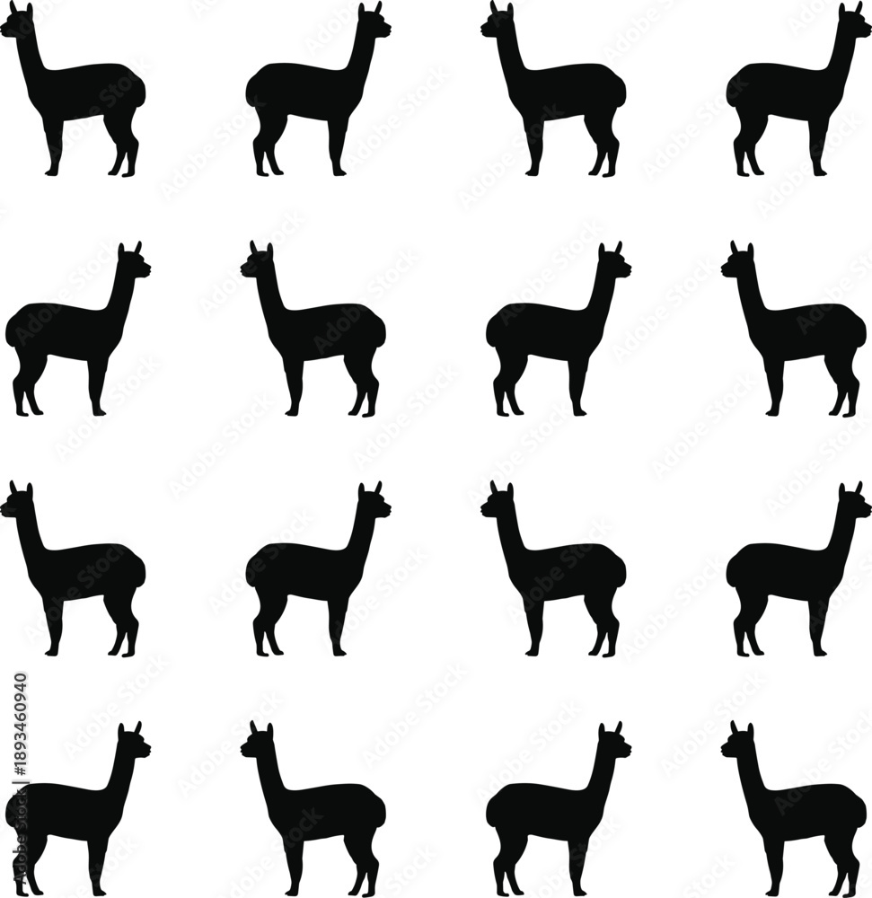 Fototapeta premium Alpaca llama silhouette seamless pattern minimalist farm animal background repeating design for textile wallpaper flat vector illustration