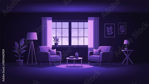 Cozy pixel art living room with two chairs, a table, and a window view