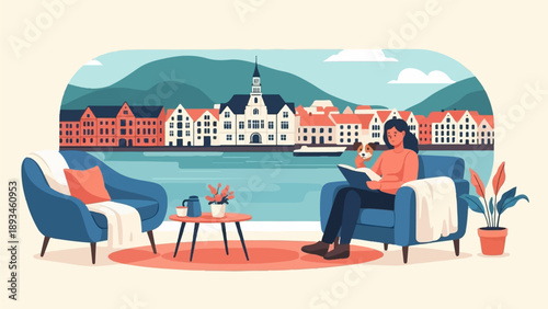 Cozy reading nook with a furry friend overlooks a scenic harbor town