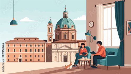 Cozy reading in a home with a view of historical architecture