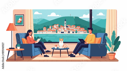 Cozy interior view of a couple working remotely with a cat and scenic coastal town backdrop