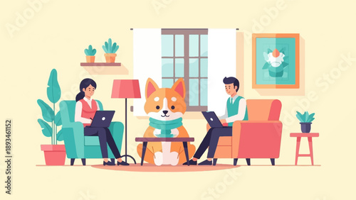 Cozy home scene with people working on laptops and a cute dog