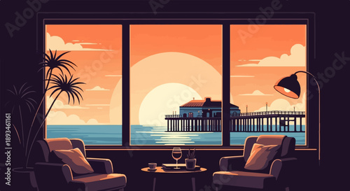 Cozy interior view of ocean pier sunset with palm trees and chairs