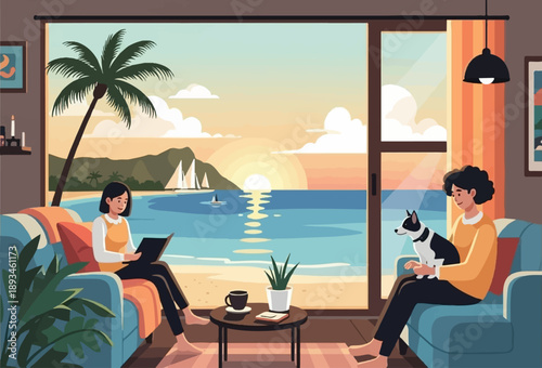 Cozy interior with a large window showcasing a serene beach sunset with sailboats