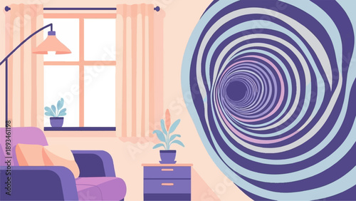 Cozy room with a purple chair, a window, and a swirling vortex