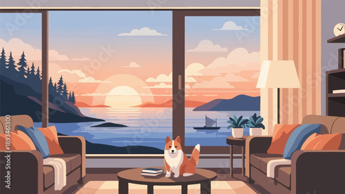 Cozy room with corgi overlooking a serene sunset seascape and distant sailboat