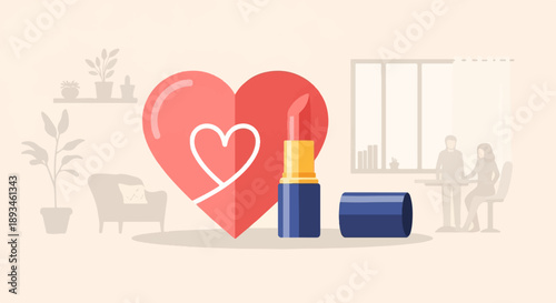 Cozy room with heart, lipstick, and silhouettes of people at a table