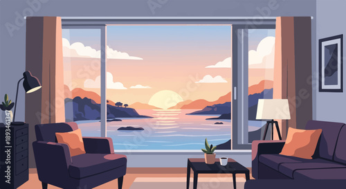 Cozy room with large window overlooking sunset over calm ocean and islands