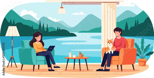 Cozy interior with people and dog enjoying scenic lake view