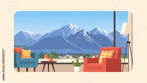Cozy interior with mountain view, two armchairs, a table, plants, and a lamp