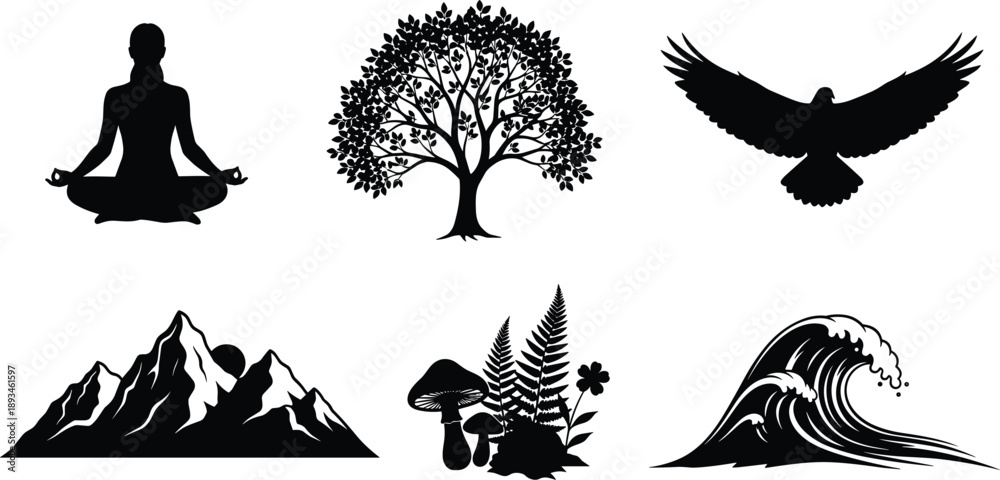 Fototapeta premium Meditation, nature, tree, bird, mountain, sun, mushrooms, plants, wave, silhouette icons, mindfulness, tranquility, peaceful, spiritual, calm, wellness, environment, harmony, outdoor, natural beauty