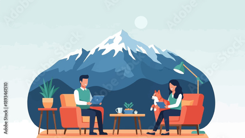 Cozy scene with people, dog, and majestic mountain backdrop