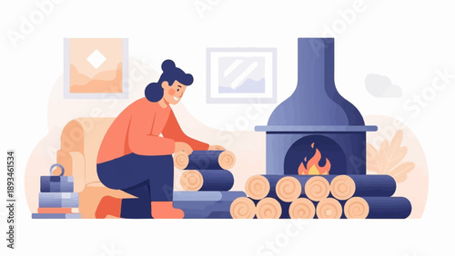 Cozy scene with person tending fire and logs by a fireplace