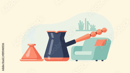 Cozy scene with steaming coffee pot and armchair