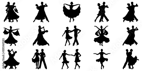 Ballroom and Latin dancing couples silhouettes set featuring man and woman dancers in various elegant poses isolated