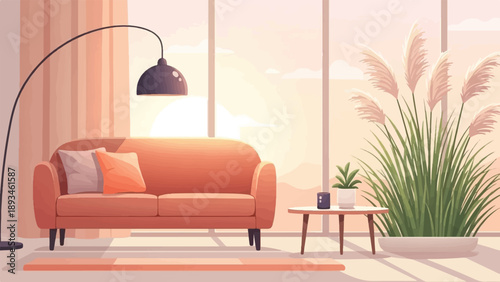 Cozy sunlit living room with plush sofa, accent pillows, and tall plants