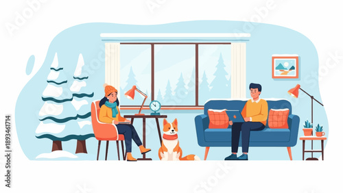 Cozy winter interior with people, dog, and snowy trees outside
