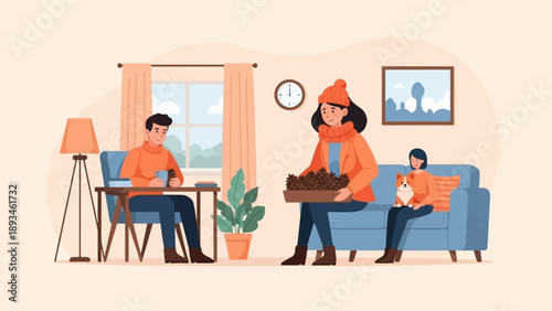 Cozy winter scene of family and dog enjoying coffee and pinecones
