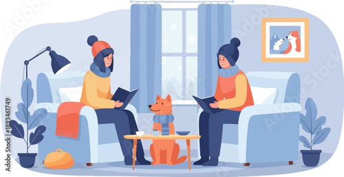 Cozy winter scene of two people reading with their dog by a snowy window