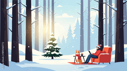 Cozy winter scene with a person and dog enjoying the snow