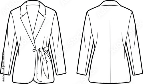 Women wrap blazer jacket, cad drawing, flat vector illustration, technical fashion coat front back view outline garment template