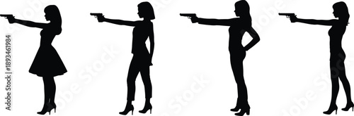 Female gun shooter silhouettes set with handgun aiming poses isolated on white background action crime concept vector illustration collectionFemale gun shooter silhouettes set 