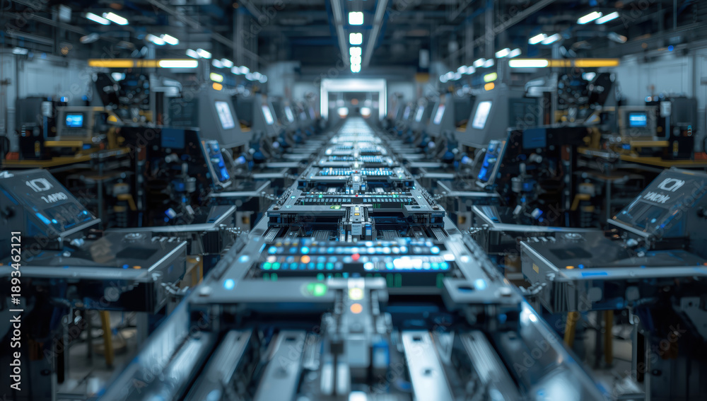 Fototapeta premium Smart factory assembly line with electronics modules and blue control lights, futuristic