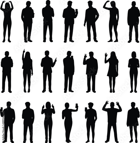 People silhouette set with standing poses, waving, pointing, phone usage and celebration gestures, men and women isolated on white background