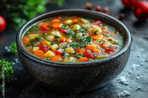 "Bowl of vegetable soup garnished with herbs."