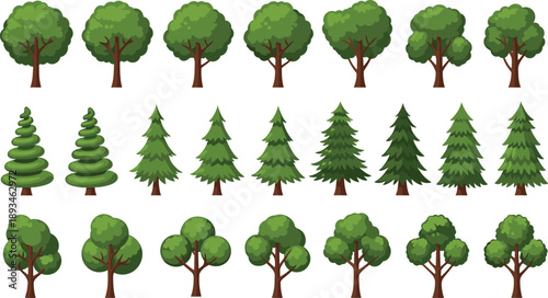 Cartoon tree collection with deciduous and pine trees, forest nature elements set, green landscape illustration, vector design pack for projects