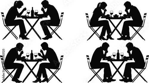 Couple dining silhouette set at restaurant table, romantic dinner conversation scenes, man and woman eating together, black vector illustration