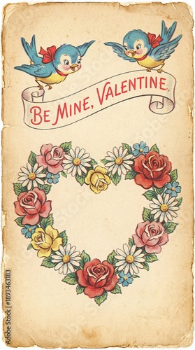 Retro 1950s Style Valentine's Day Postcard Illustration with Bluebirds and Banner