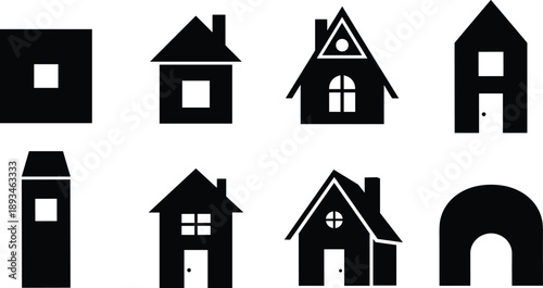 House and home icon silhouette set, minimal building shapes collection, real estate property symbols, black vector illustration pack for design