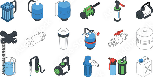 Industrial water pump and filtration equipment icons set, plumbing tools, fluid transfer systems, mechanical engineering vector illustration collection