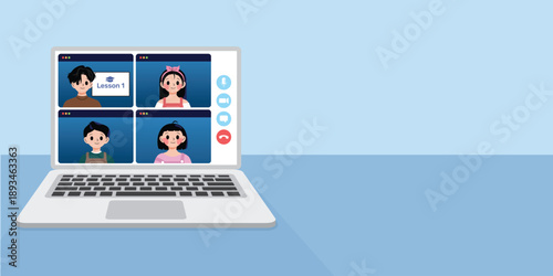 Laptop with Online Video Conference Call Flat Vector Illustration