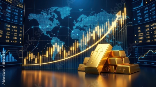 Gold bar global market price increase investment stock chart financial growth economic trend world map wealth trading platform Gold bar stack with golden upward arrow line digital global market