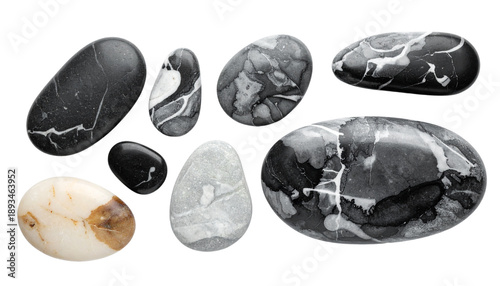 A decorative collection of natural mineral stones and colorful gemstone crystals featuring amethyst, agate, and heart-shaped rocks in a vector design set isolated on a white background