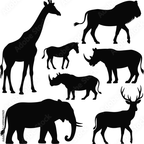 African wild animal silhouettes set, giraffe lion elephant rhino deer collection, black safari mammal icons, isolated on white background vectorAfrican wild animal silhouettes set