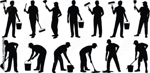 Professional cleaning worker silhouette set with mop, broom, bucket tools, janitor poses, housekeeping service staff, isolated figures, flat vector illustration